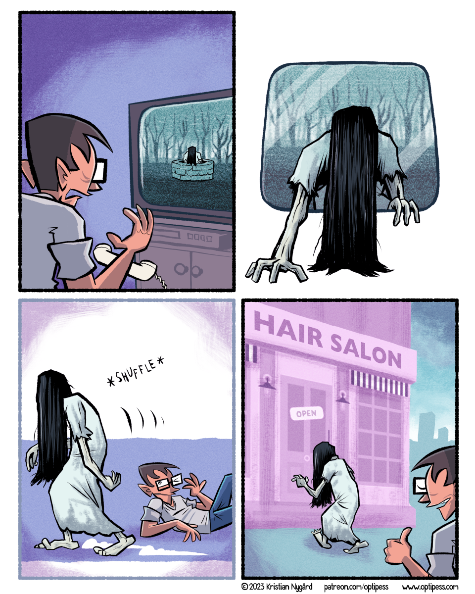 Sadako then cursed glasses guy to die in seven days, all the while wearing her cute new bob hairdo.